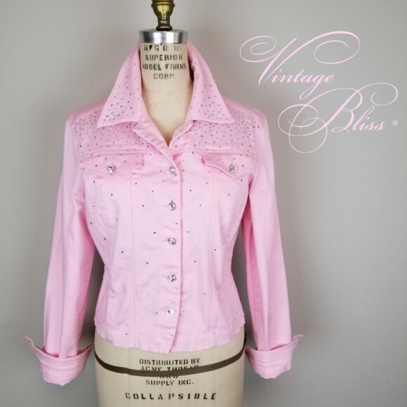 Christine Alexander Women's Medium Pale Pink Denim Jacket w/ Rhinestones * Y2K - Picture 1 of 9